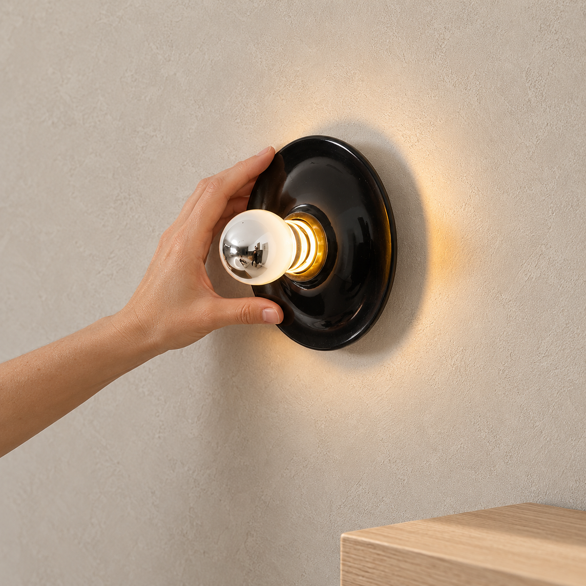 Monterla black wall sconce lit above an entryway console in daylight #color_black