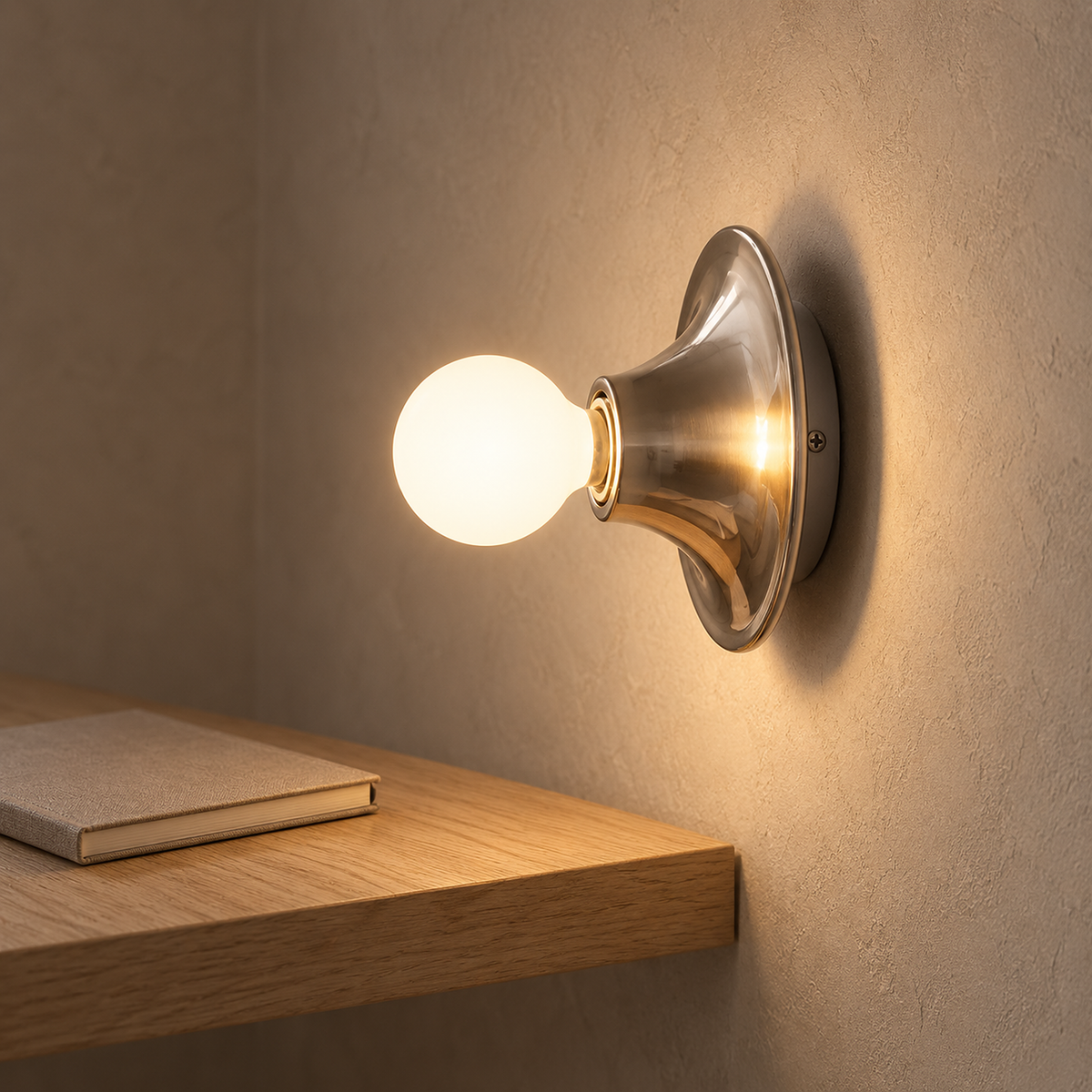 Monterla chrome plug in wall lamp warming the plaster beside a study shelf #color_chrome