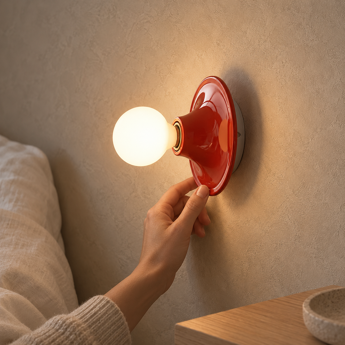 Monterla red bedside wall light lit beside a bed in a daylit bedroom