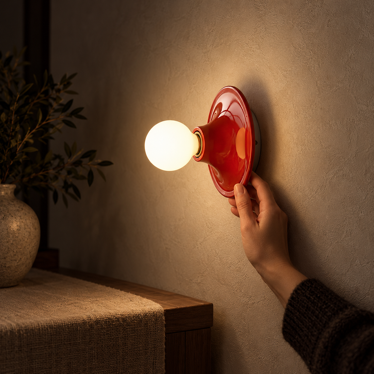 Monterla red plug in wall light in a hallway at night with the bare bulb lit
