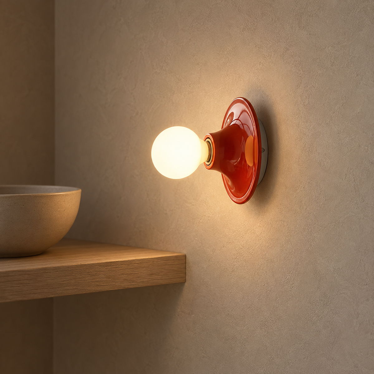 Monterla red plug in wall light with its exposed bulb lit in a pantry