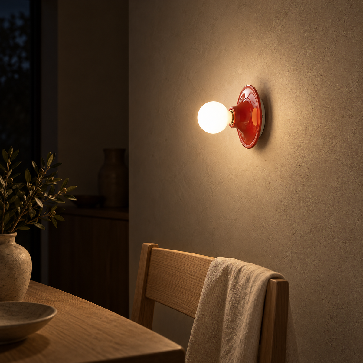 Monterla red wall lamp casting warm light across a dining room after dark