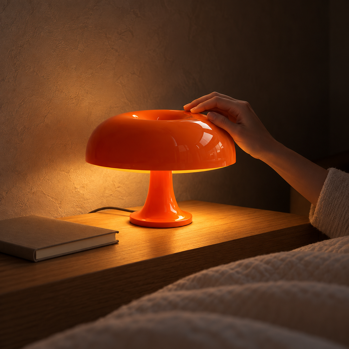 Moranel orange bedside lamp casting warm light across a guest sleeping alcove at night