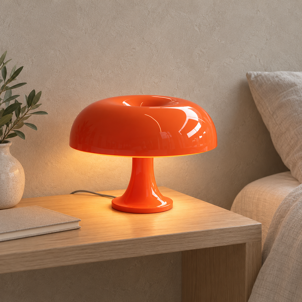 Moranel orange bedside lamp glowing beside oatmeal bedding in a guest sleeping alcove by day