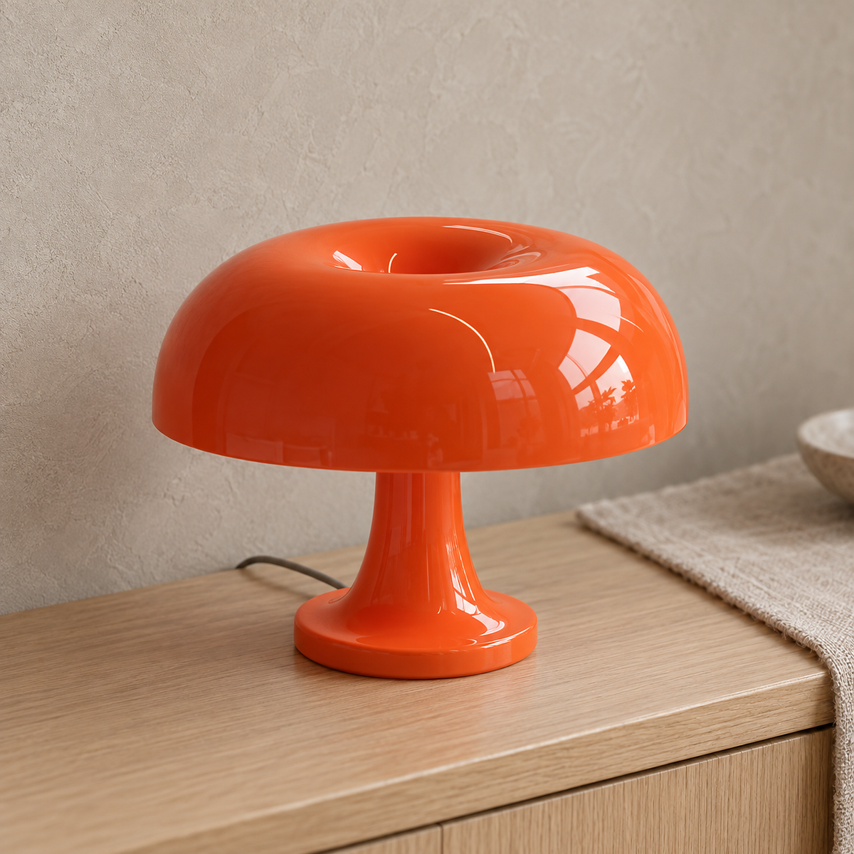 Moranel orange mushroom table lamp close up of the round plastic shade on a dining room sideboard