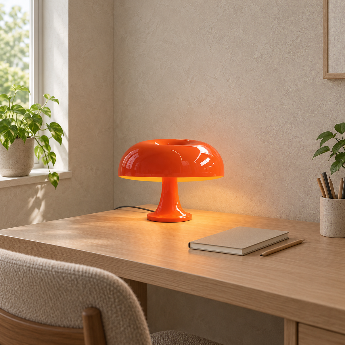 Moranel orange table lamp glowing on a tidy writing desk in a home office by day