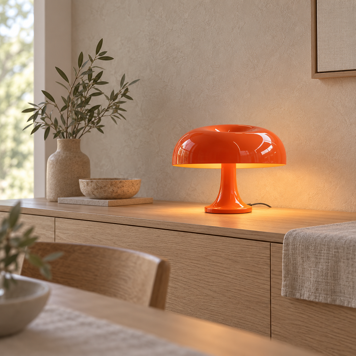 Moranel orange table lamp lit on a dining room sideboard with light showing beneath the rim
