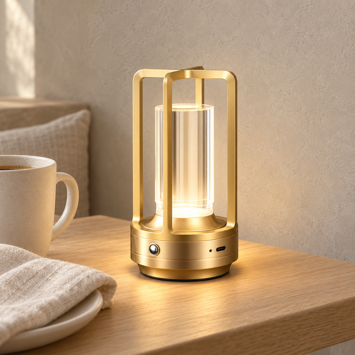Morisela gold cordless table lamp switched on beside a breakfast setting in a kitchen nook
