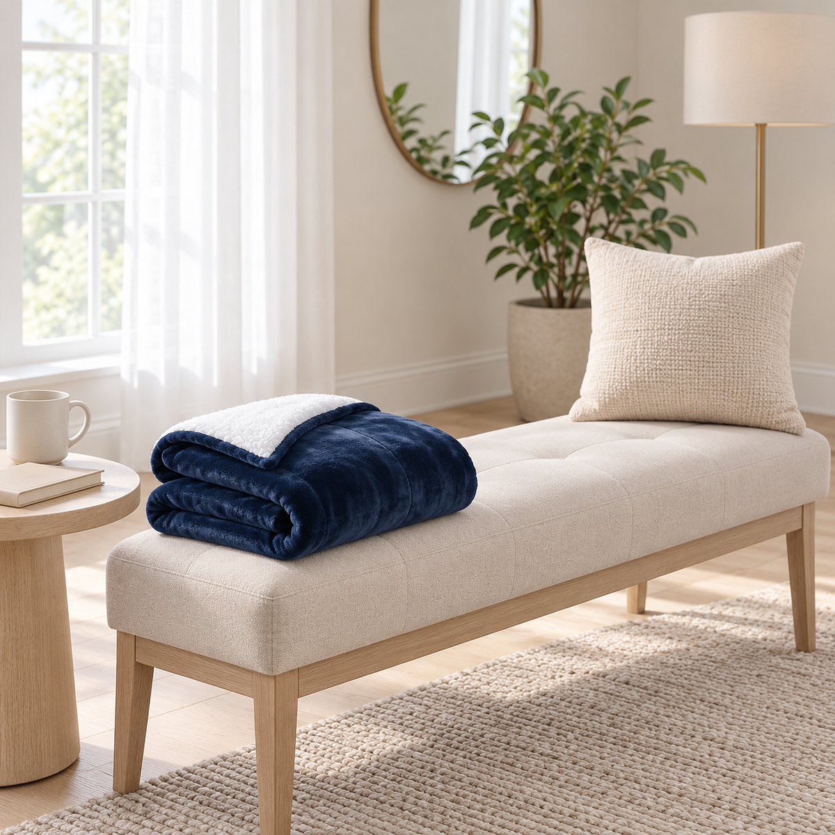 Morivel dark blue fleece throw blanket folded within reach on a dressing bench #color_dark blue