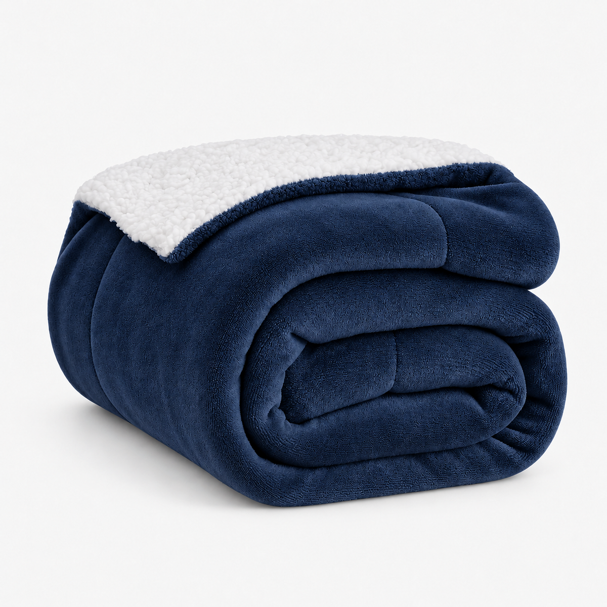 Morivel dark blue sherpa throw blanket loosely folded on a white background #color_dark blue