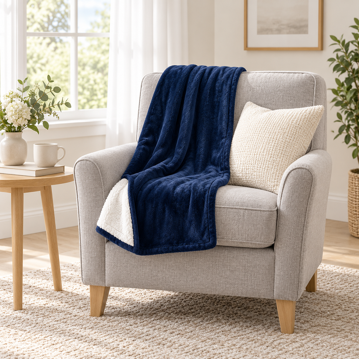 Morivel dark blue soft throw blanket draped over a light gray armchair in a white garden view alcove #color_dark blue