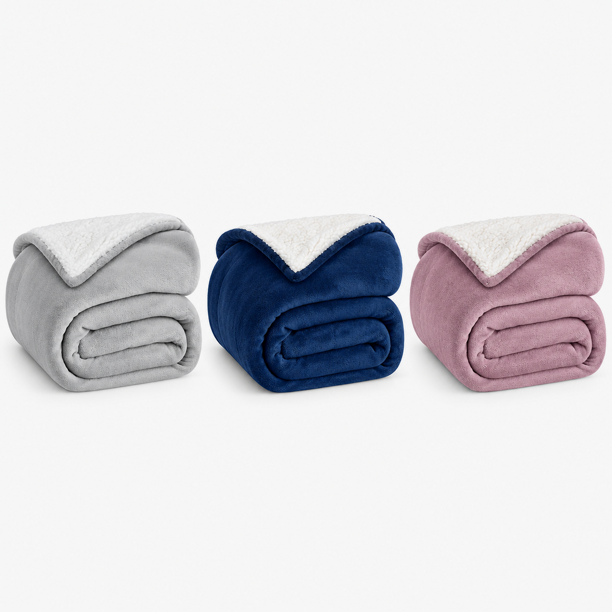 Morivel light gray, dark blue and pink throw blanket, folded for a color comparison