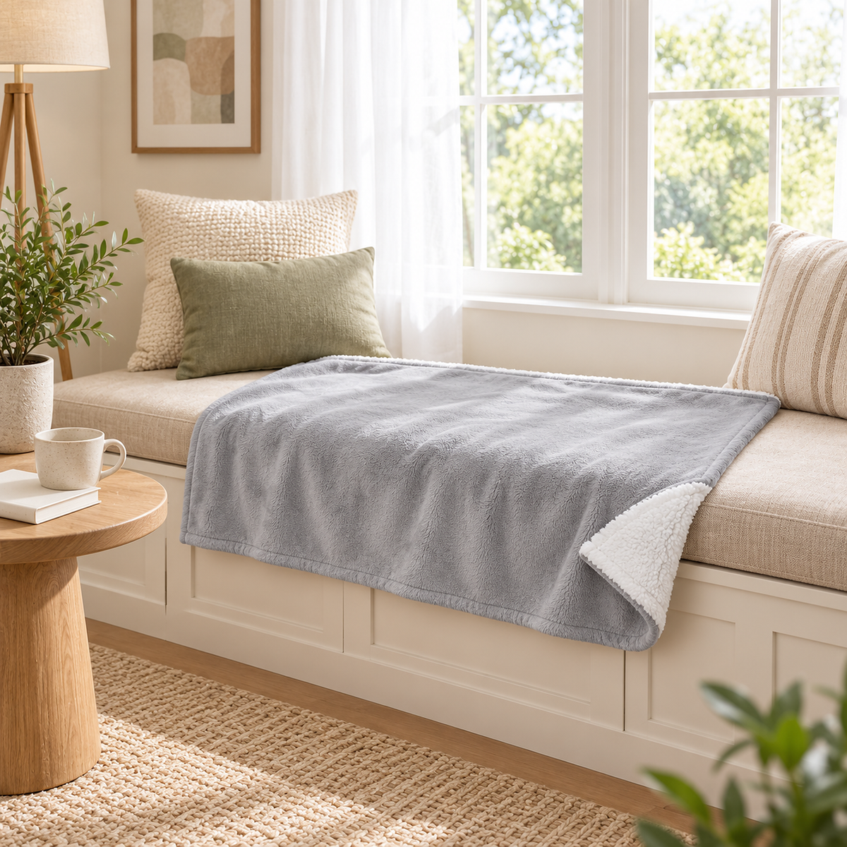 Morivel Light Gray sherpa throw blanket spread on a cushioned window seat with a white reverse corner showing
