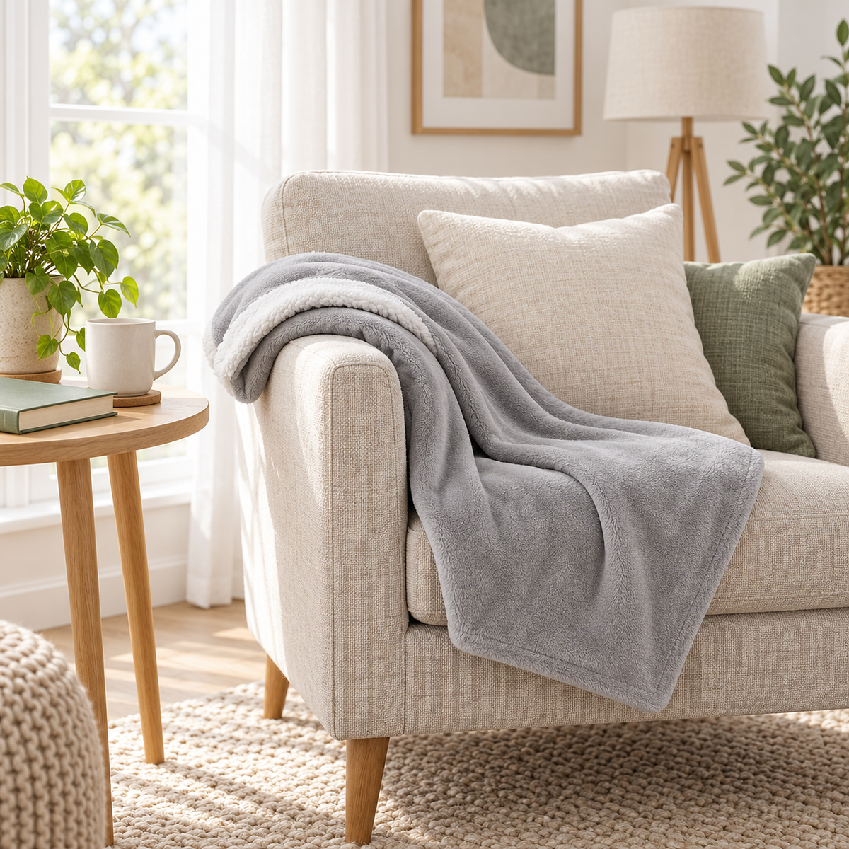 Morivel light gray soft throw blanket folded over the arm and seat of a reading chair