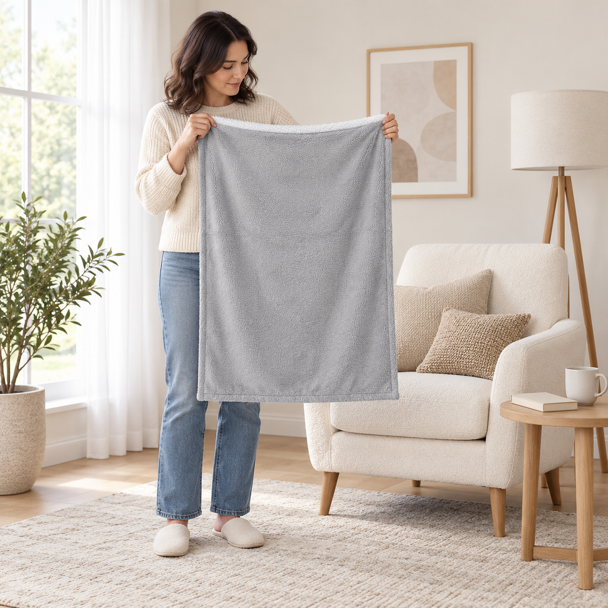 Morivel light gray throw blanket, 70 by 100 cm, held fully open by an adult in a bright den