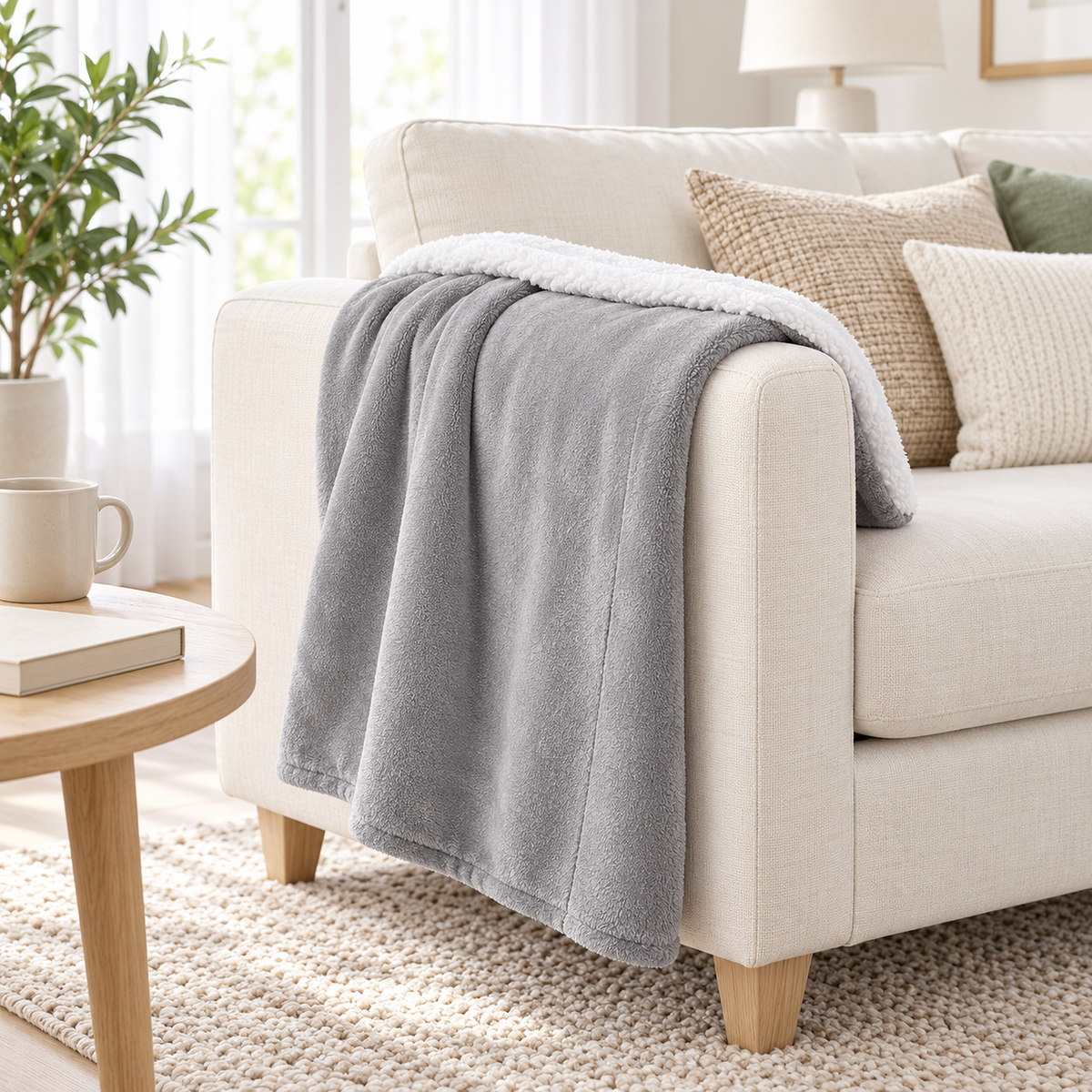 Morivel light gray throw blanket for couch draped over the arm of an ivory loveseat