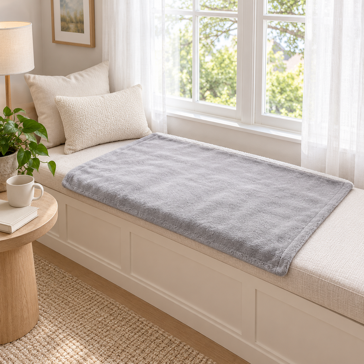 Morivel light gray throw blanket opened across a bright landing window seat