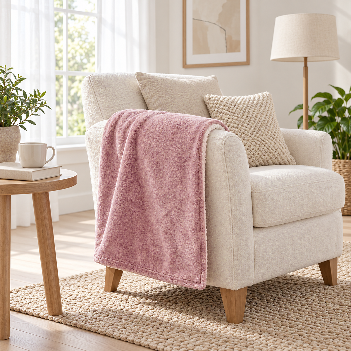 Morivel pink plush throw blanket draped beside the seat of an ivory chair in a breakfast room #color_pink