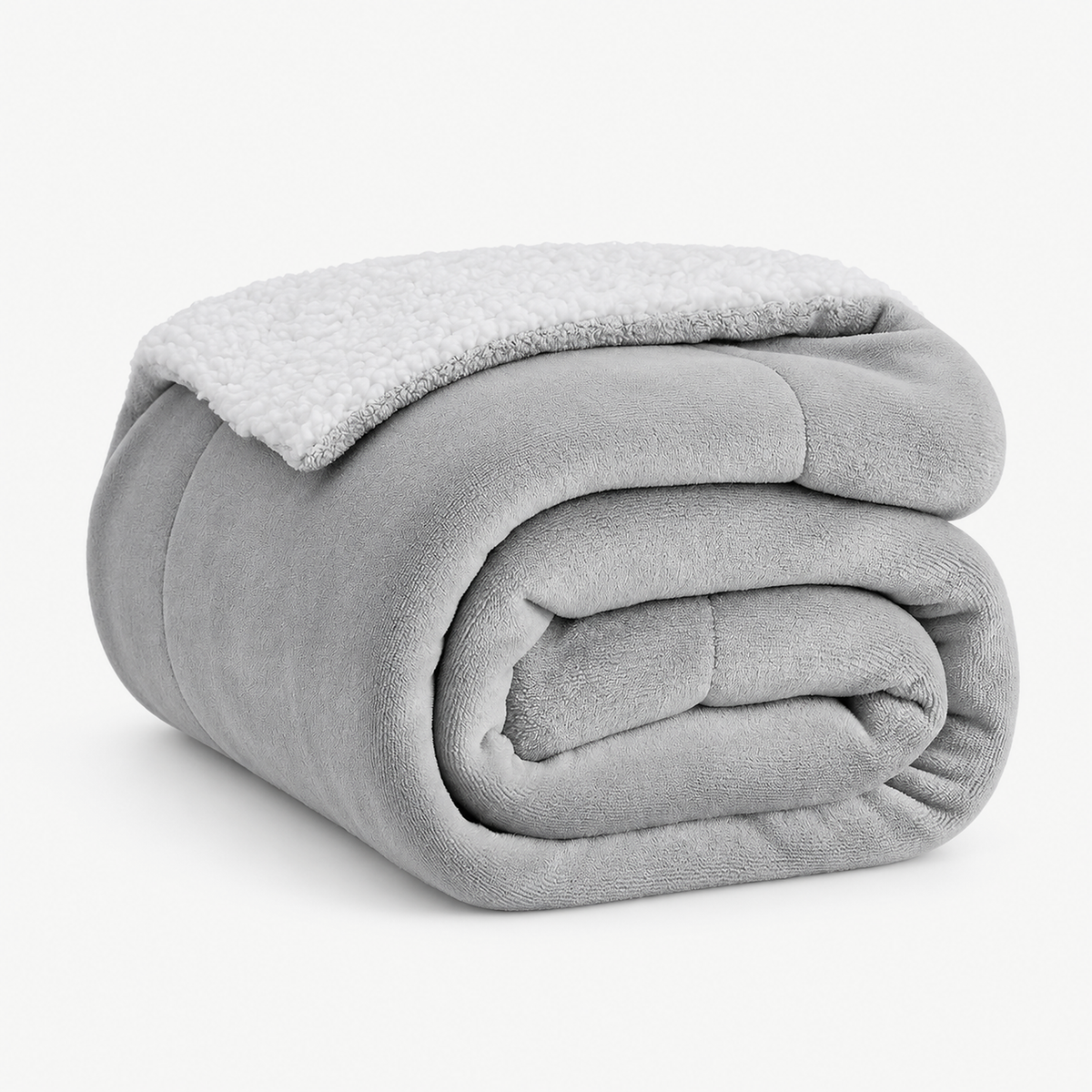 Morivel sherpa fleece throw blanket in light gray, laid in loose studio folds