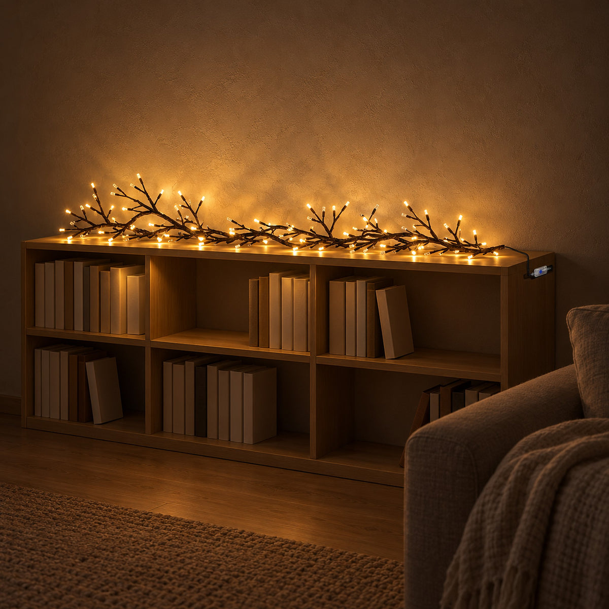 Morlica dark brown USB vine string light warming a living room bookshelf at night