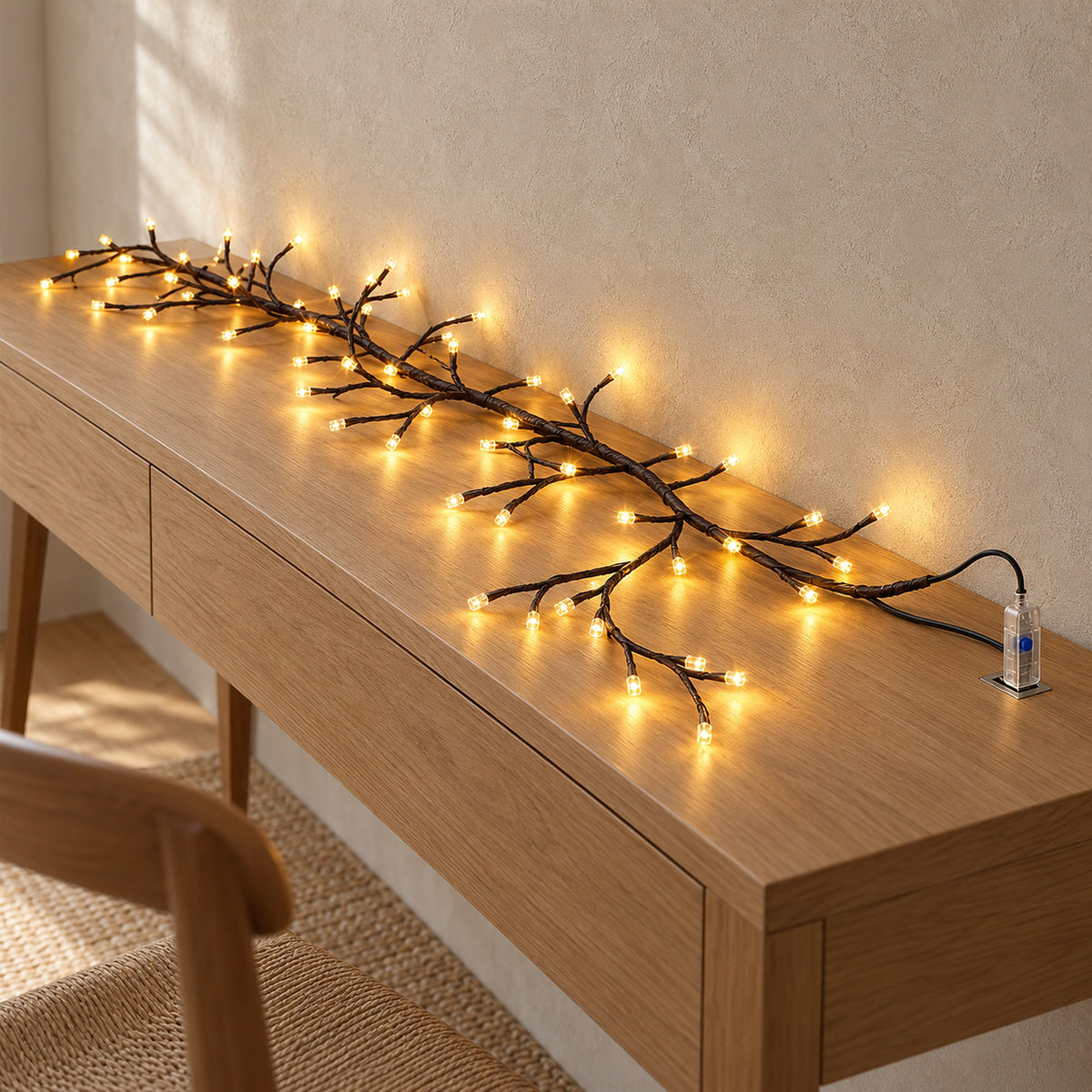 Morlica dark brown USB vine string light lit in a study, run from its USB controller