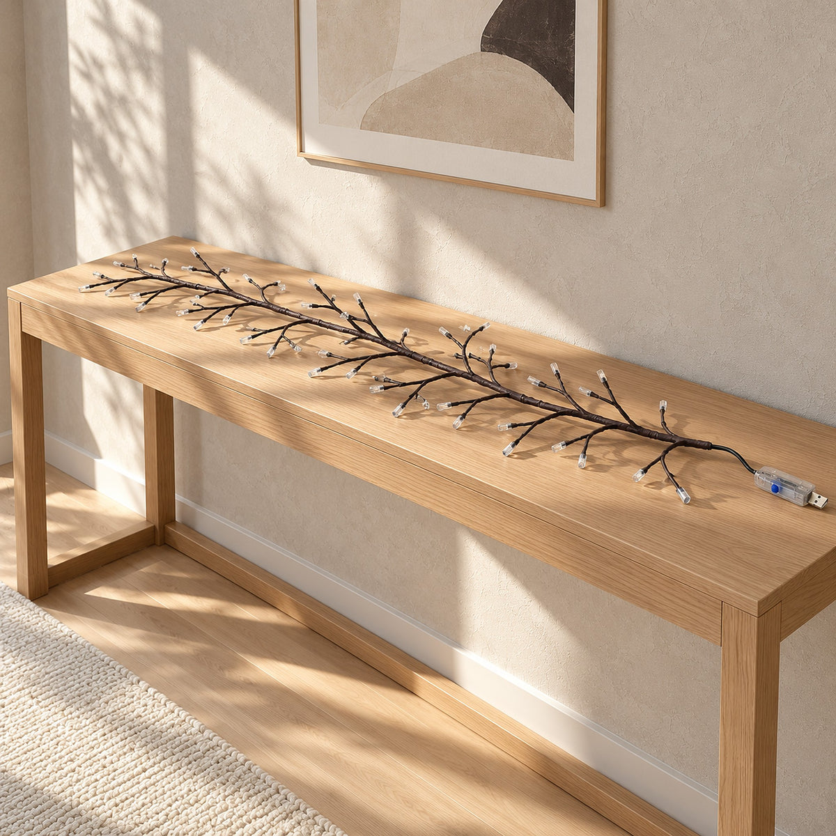 Morlica dark brown USB vine string light, unlit, on a sunlit upstairs landing console