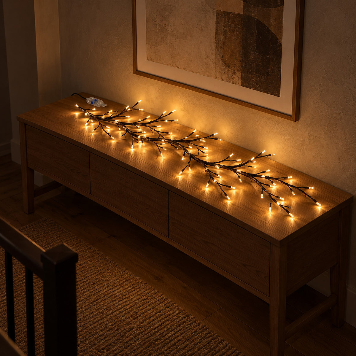 Morlica dark brown USB vine string light glowing warm over an upstairs landing after dark