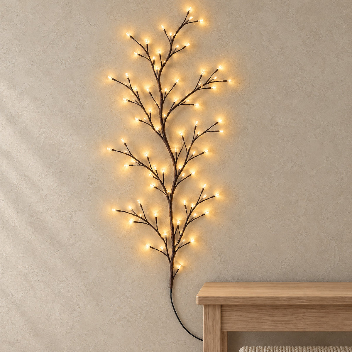 Morlica dark brown USB vine string light glowing warm above an entryway console by day