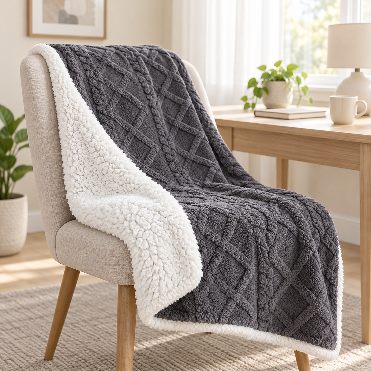 Mosilen charcoal and white reversible sherpa blanket showing the white curly sherpa reverse beside the textured face