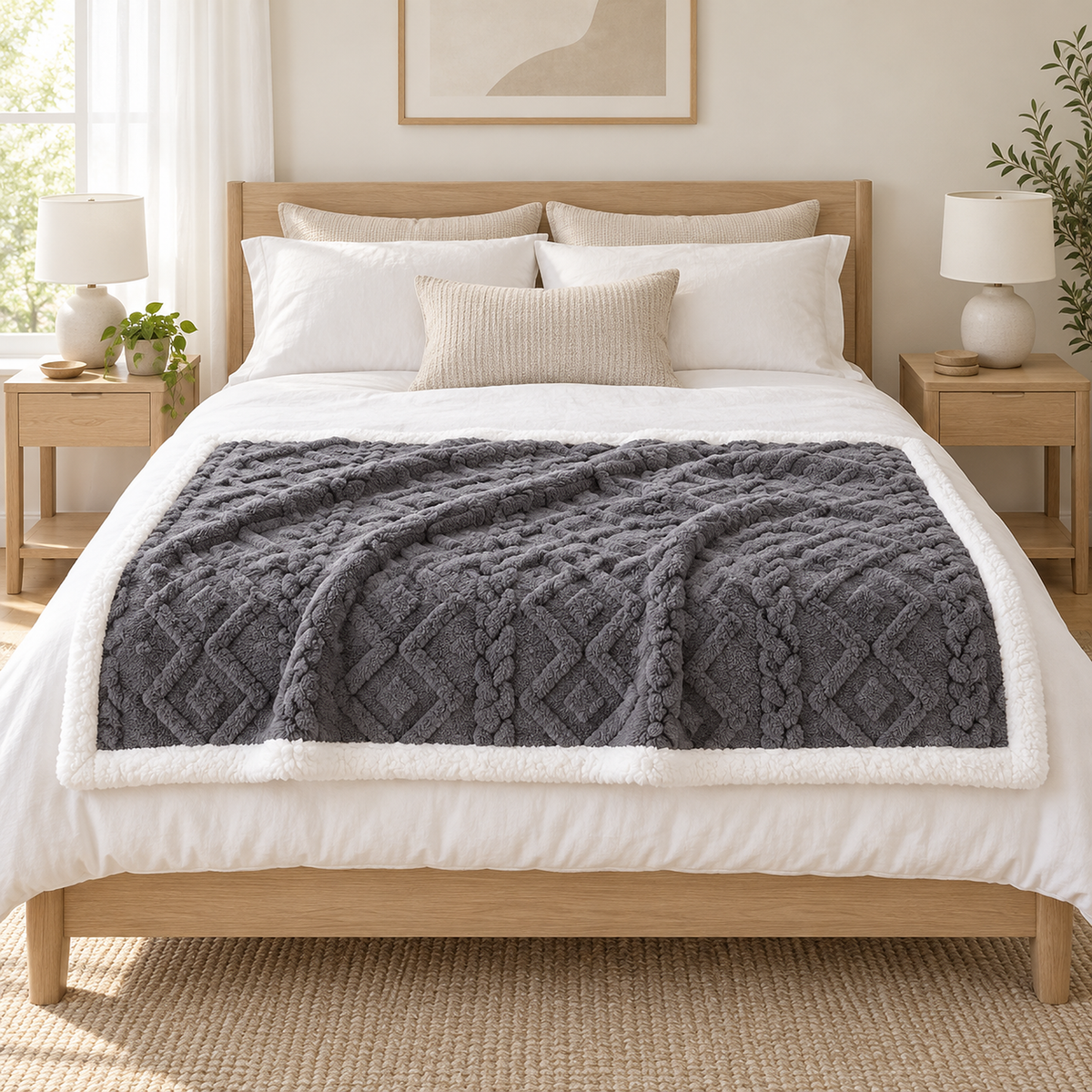 Mosilen charcoal and white sherpa throw blanket in kid size laid across the foot of a queen bed