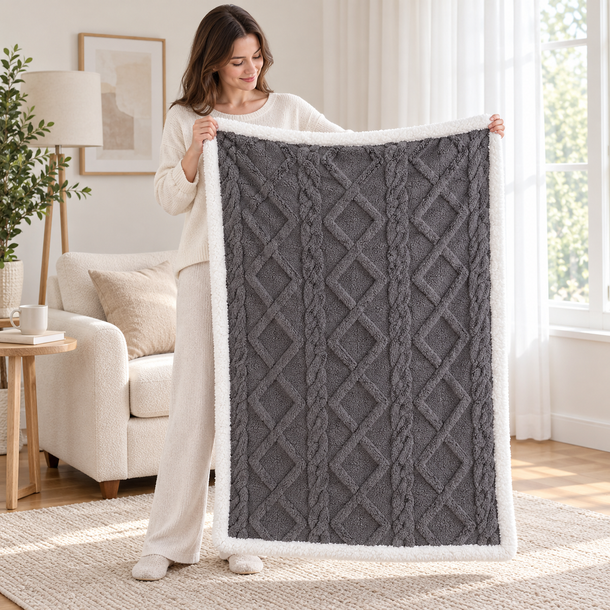 Mosilen charcoal and white throw blanket in the kid size held fully open in a bright sitting room