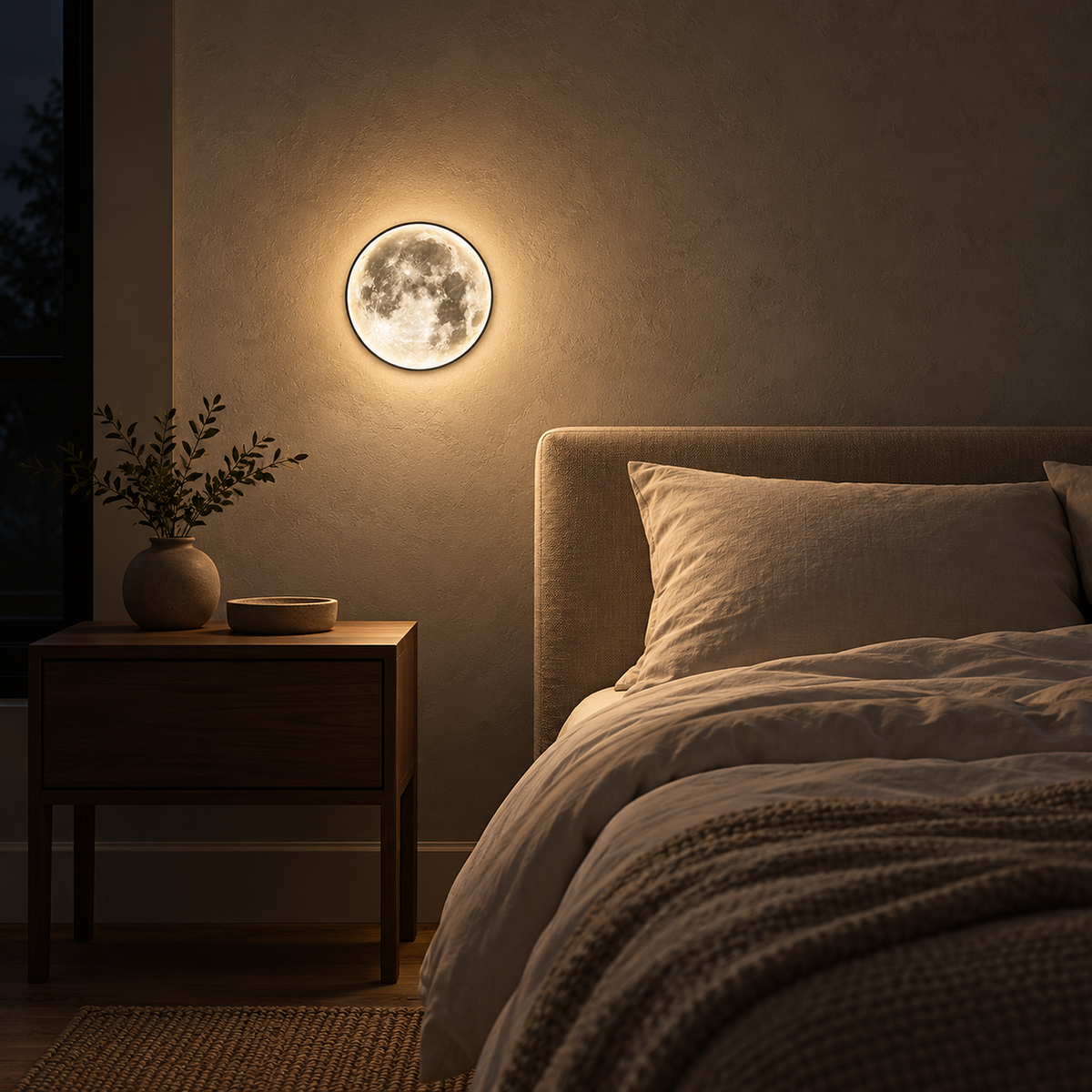 Movantel black bedside wall light glowing warm white in a dark bedroom at night