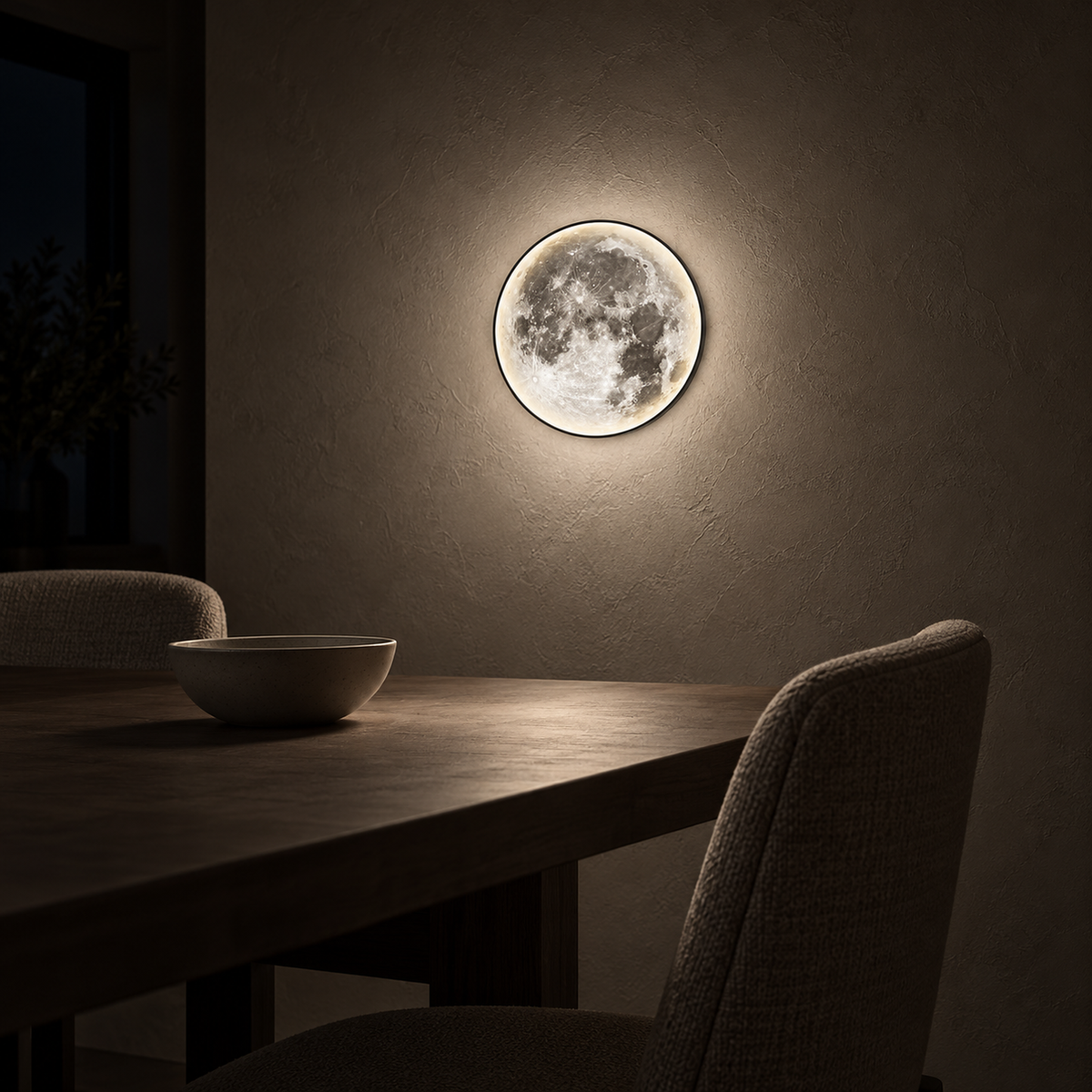 Movantel black lunar wall lamp glowing natural white in a dining room at night