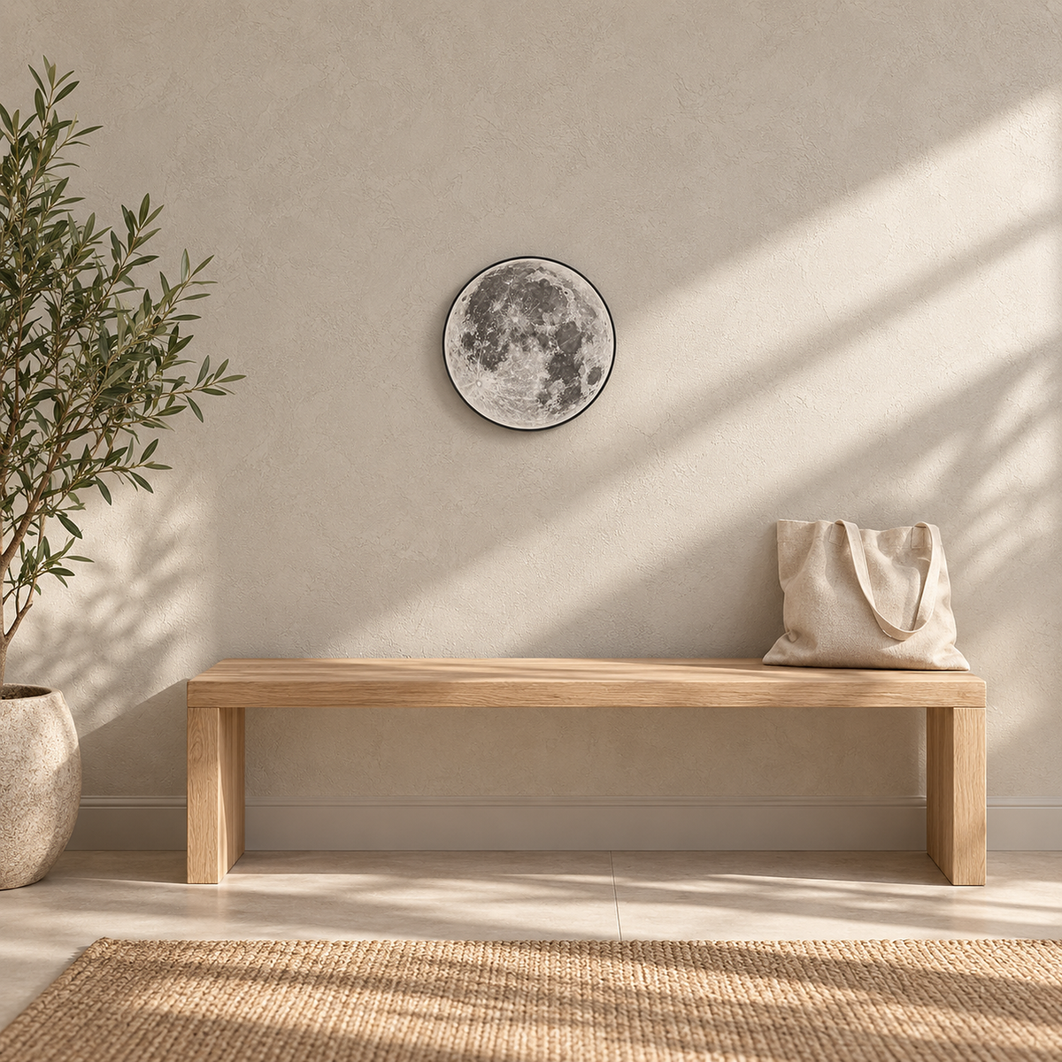 Movantel black moon wall sconce unlit above an entryway bench in daytime