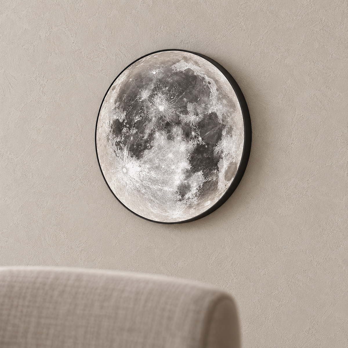 Movantel black wall lamp in close up showing the acrylic lunar face and rim detail