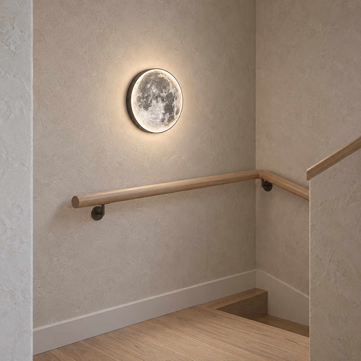 Movantel black wall light showing its shallow surface mounted side profile on a stair landing