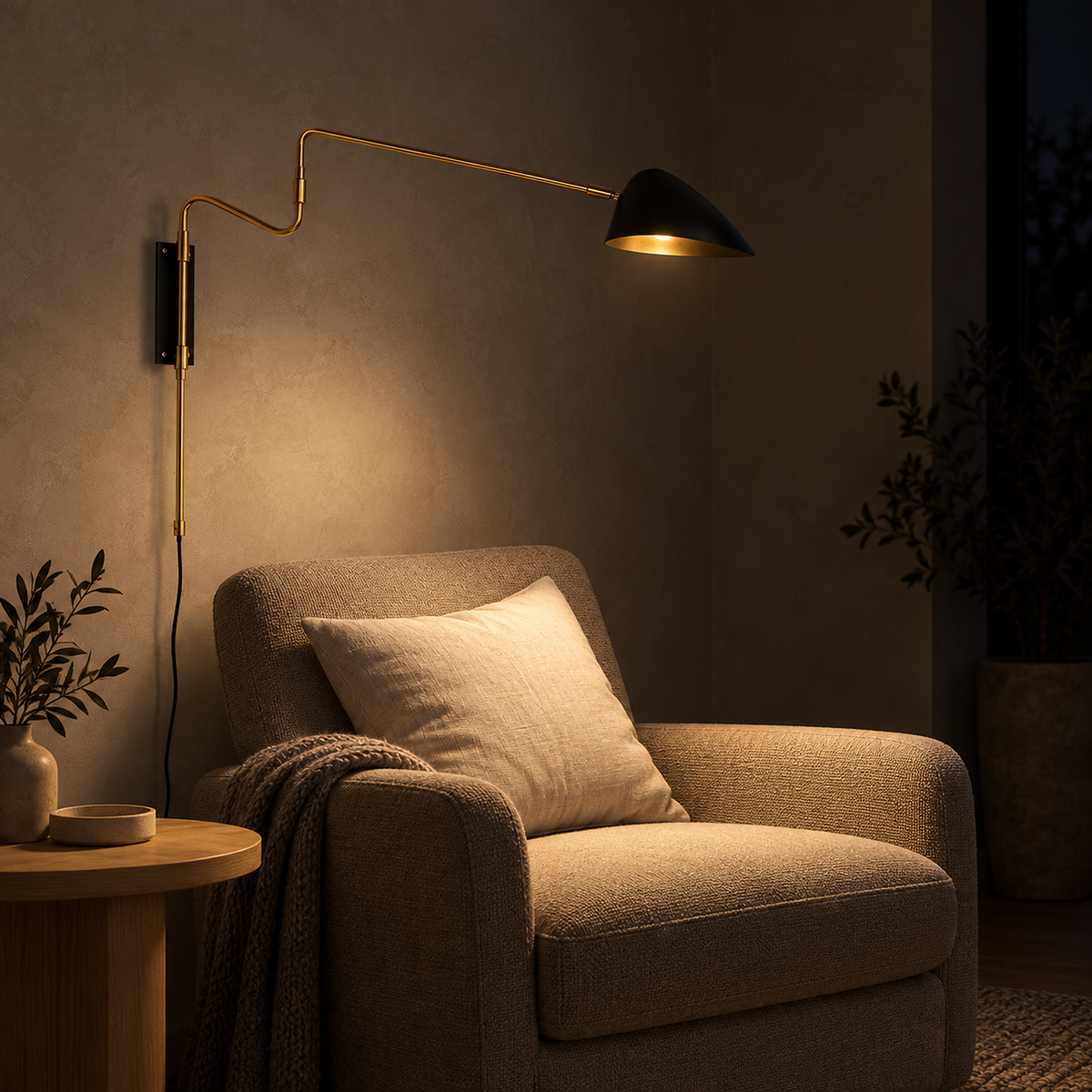 Movresa black wall lamp casting light onto reading nook seating at night