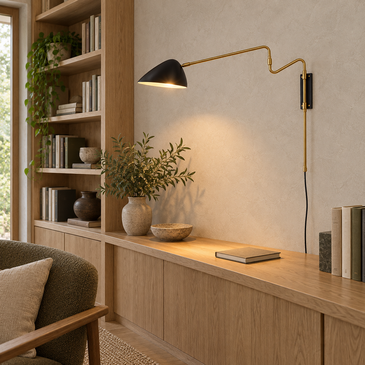 Movresa black wall light showing the backplate and its attached power cable