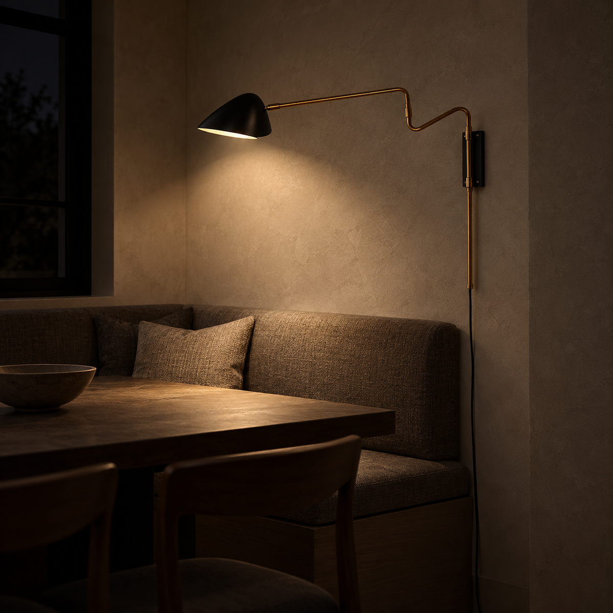 Movresa black wall sconce lighting the dining banquette after dark