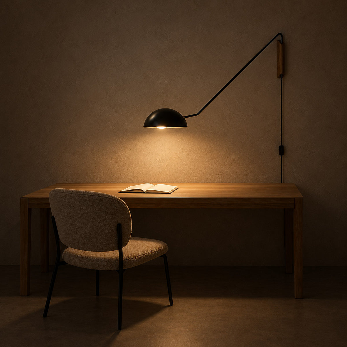 Nalesio black wall light lighting a home office desk at night with the inline cord switch in view
