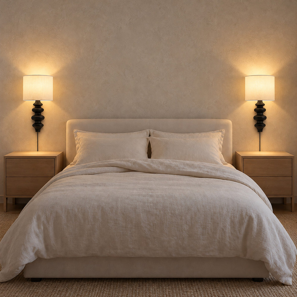 Nalimor black plug in wall sconces as a matching pair flanking a guest bed
