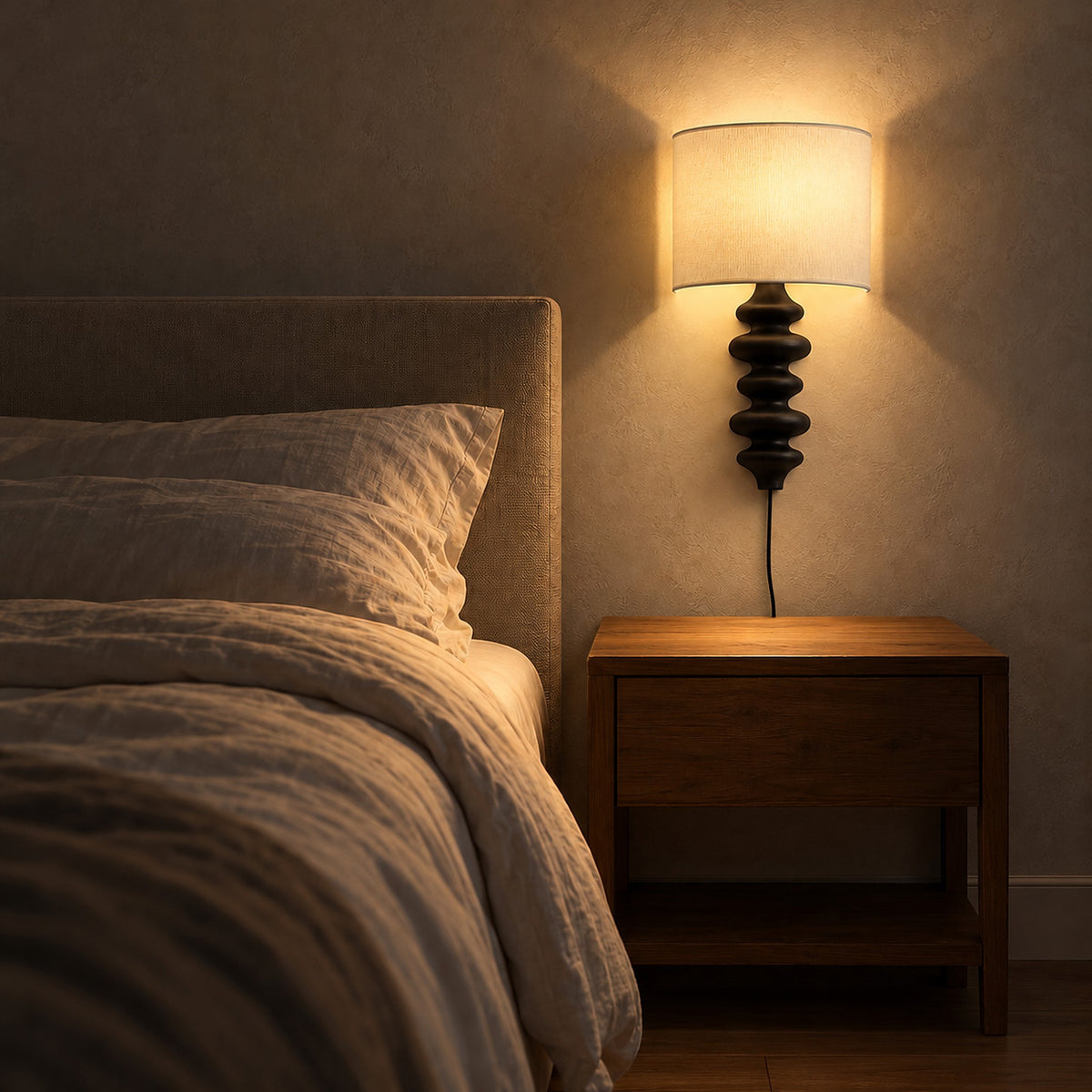 Nalimor black wall lamp lighting a guest bedroom bedside after nightfall