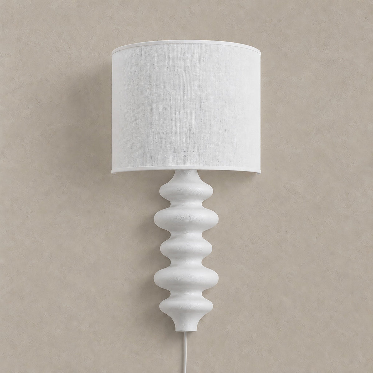 Nalimor white plug in wall lamp with linen shade and solid wood body, shown unlit #color_white