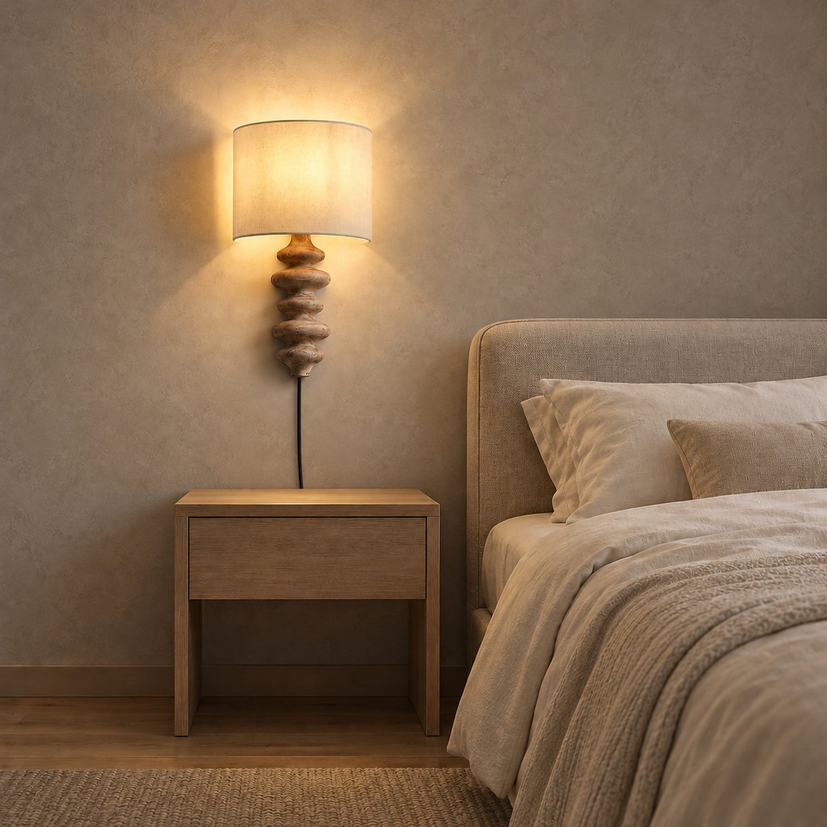 Nalimor wood color bedside wall light glowing over a guest bedroom nightstand left clear #color_wood color
