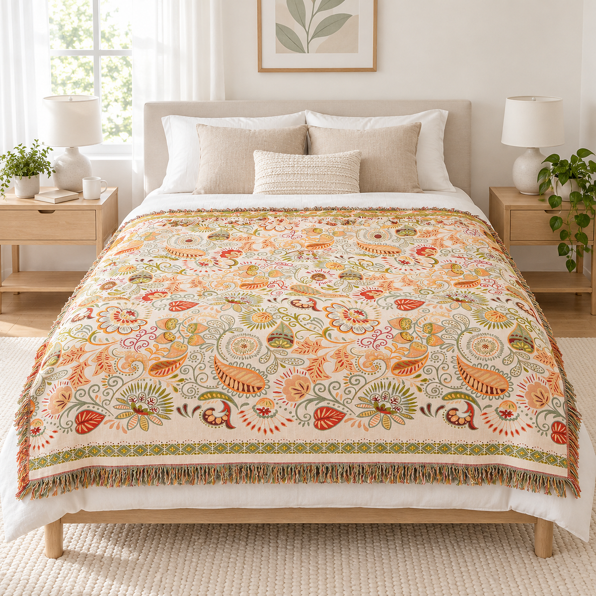 Nalisca cotton throw blanket in multicolored & cotton in the smaller size showing modest coverage on a full bed