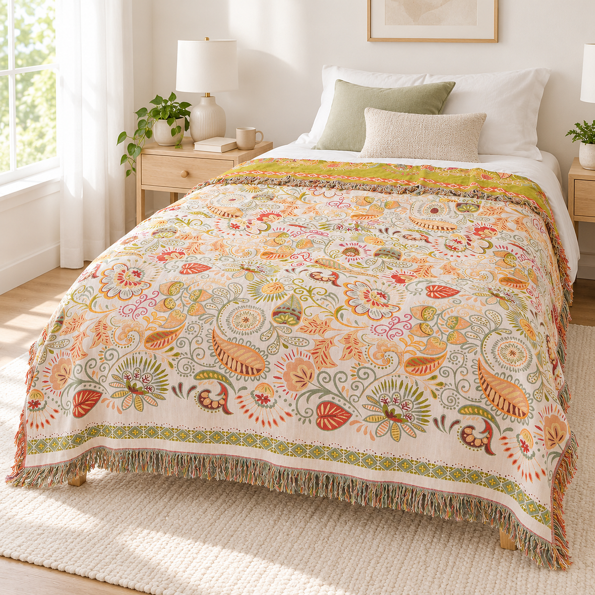 Nalisca cotton throw blanket in multicolored & cotton spread over a plain twin bed in daylight