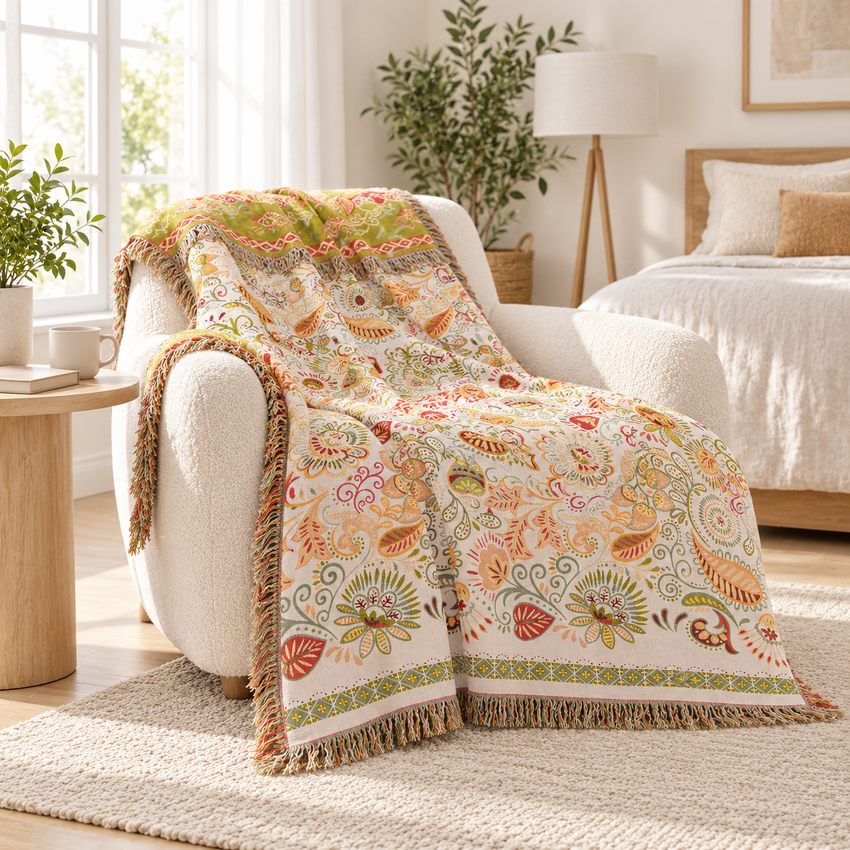 Nalisca soft throw blanket in multicolored & cotton resting open over an armchair in a twin bedroom