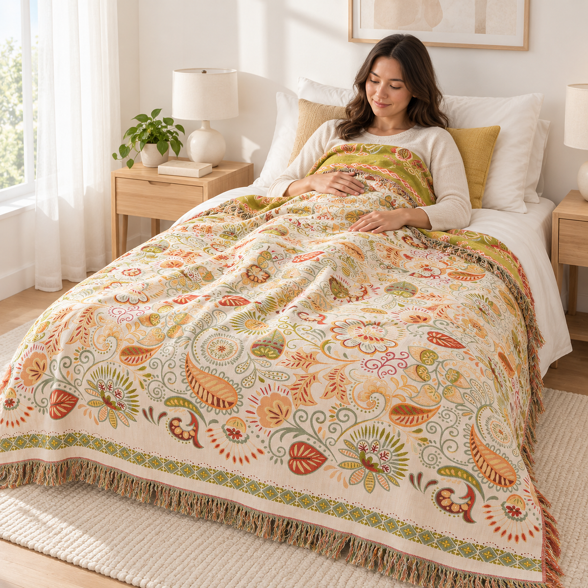 Nalisca throw blanket in multicolored & cotton covering an adult resting in a bright bedroom