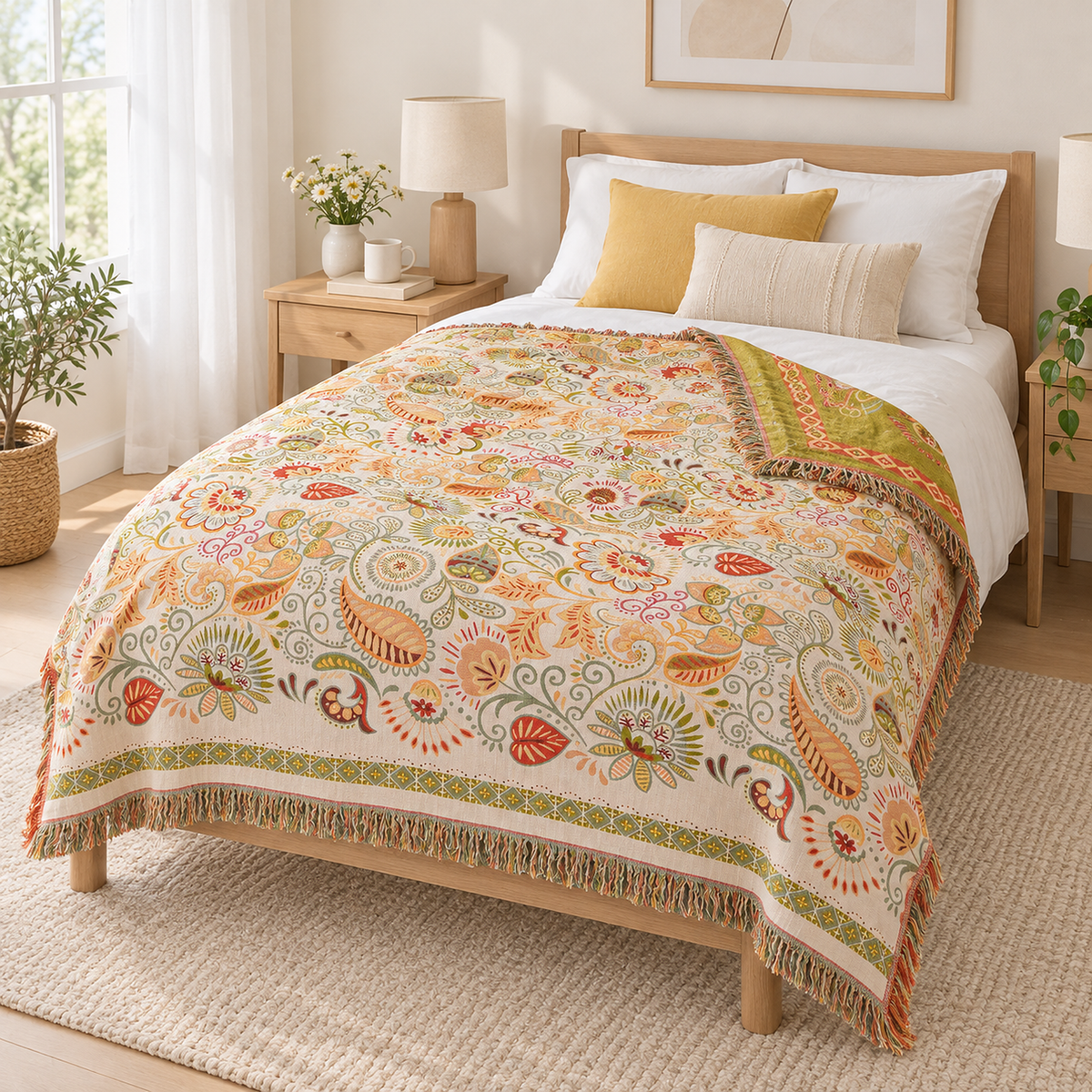 Nalisca throw blanket in multicolored & cotton with one top corner turned down to show its patterned reverse