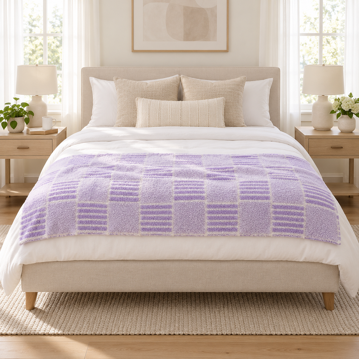 Nalisero knit throw blanket in two color check plaid open across the foot of a queen bed in the main bedroom